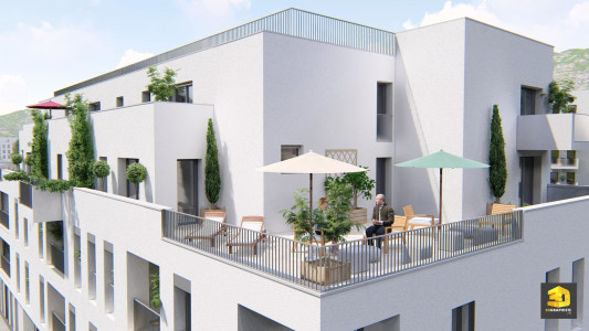 perspective 3d terrasse résidence seniors Chambéry