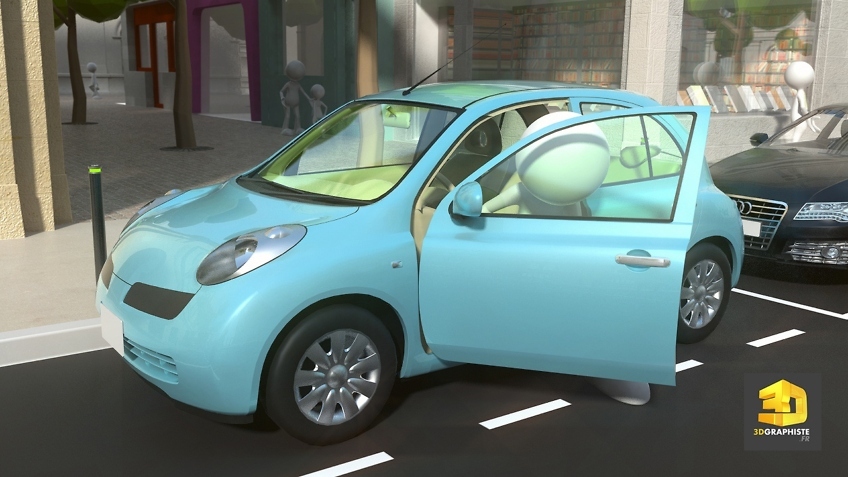 Animation 3D - personnage descend de sa voiture