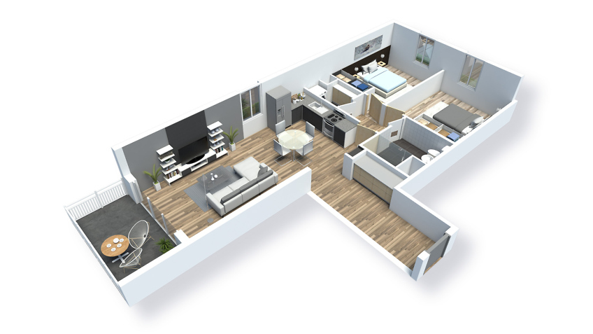 plan d'un appartement meublé en 3d - saint-quay t3
