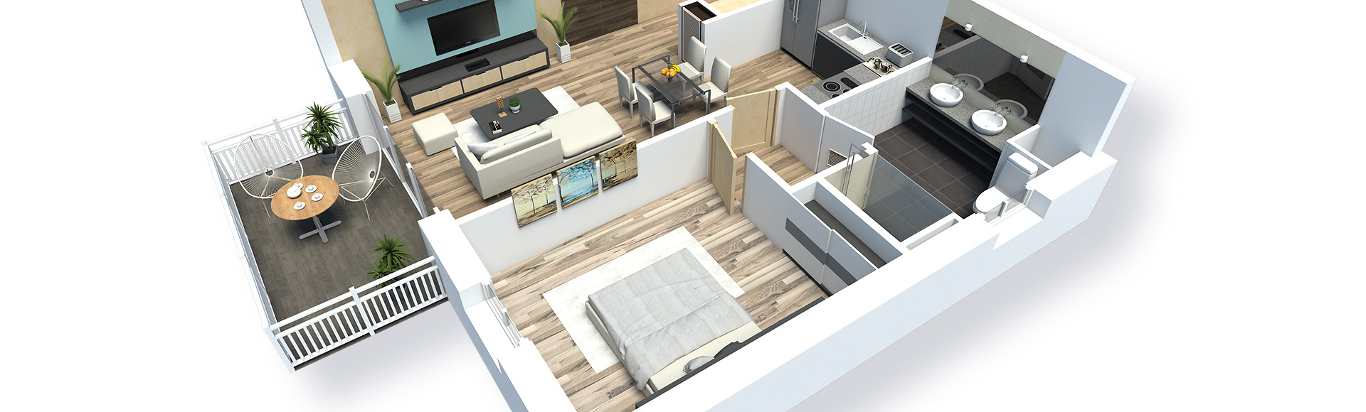 plan meublé appartement en 3d - saint-quay t2
